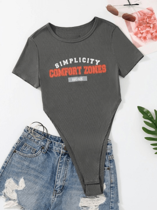 Ribbed Knit Bodysuit With Letter Print-Comfy Jumpsuits
