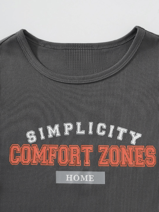 Ribbed Knit Bodysuit With Letter Print-Comfy Jumpsuits