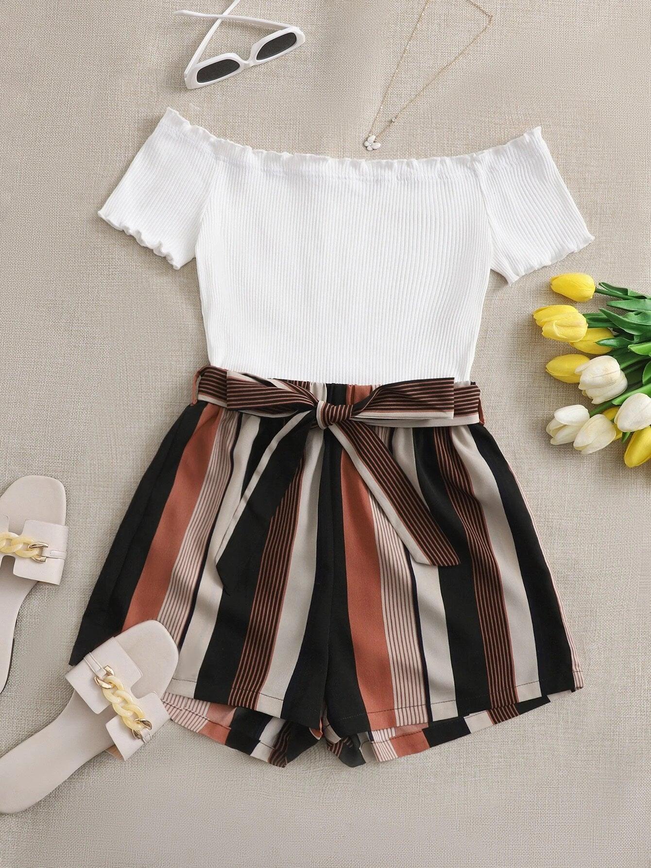 Off Shoulder Striped Paneled Self Belted Romper-Comfy Jumpsuits