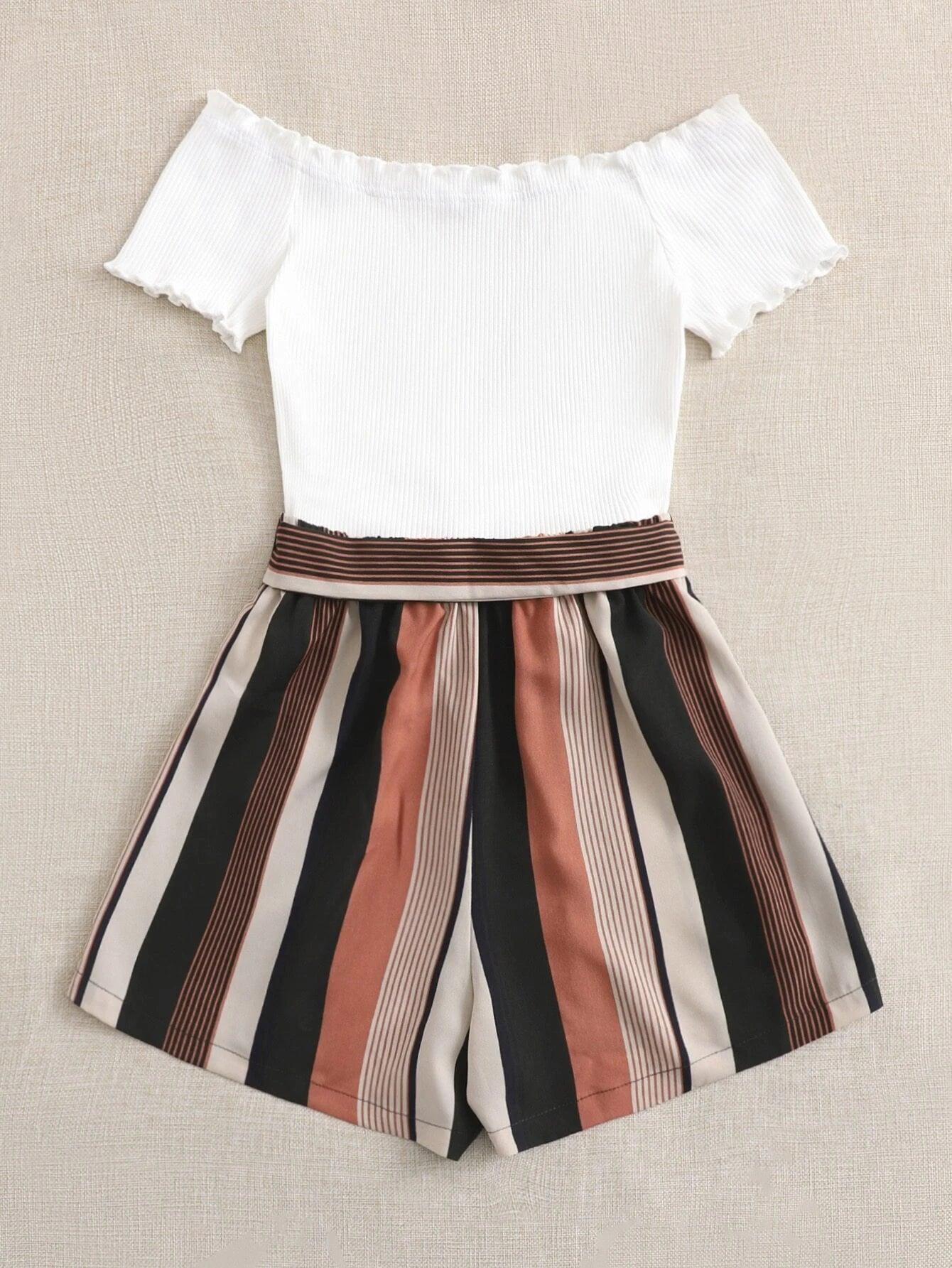 Off Shoulder Striped Paneled Self Belted Romper-Comfy Jumpsuits