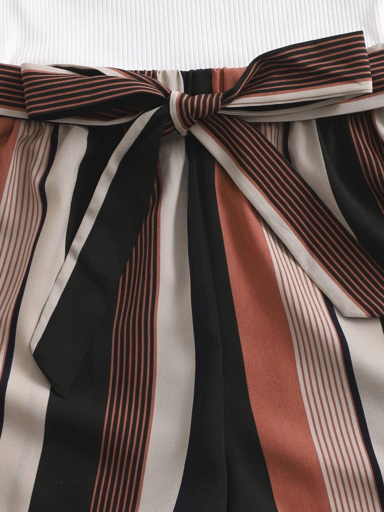 Off Shoulder Striped Paneled Self Belted Romper-Comfy Jumpsuits