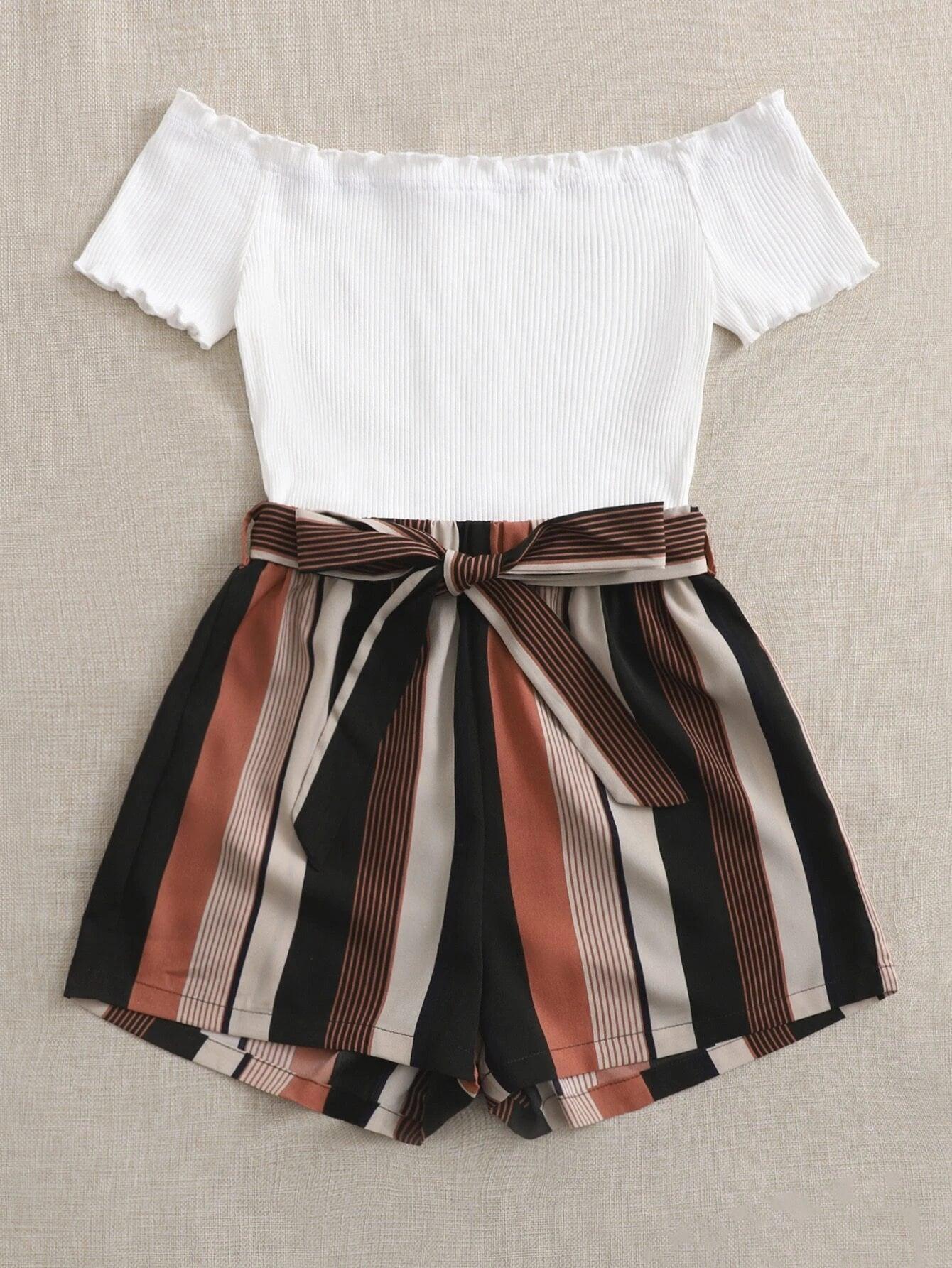 Off Shoulder Striped Paneled Self Belted Romper-Comfy Jumpsuits