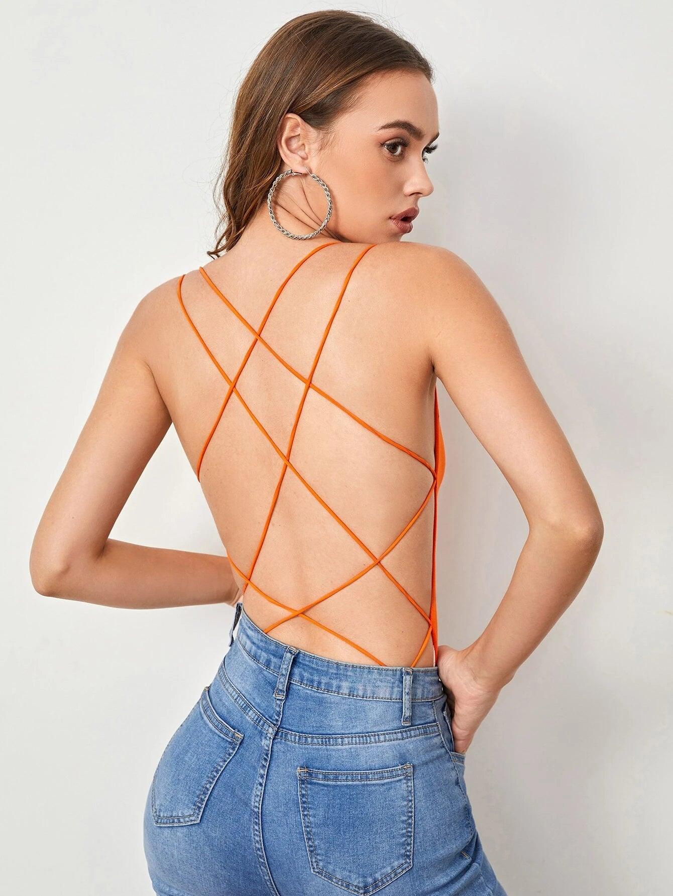 Strappy Open Back Cheeky Bodysuit-Comfy Jumpsuits