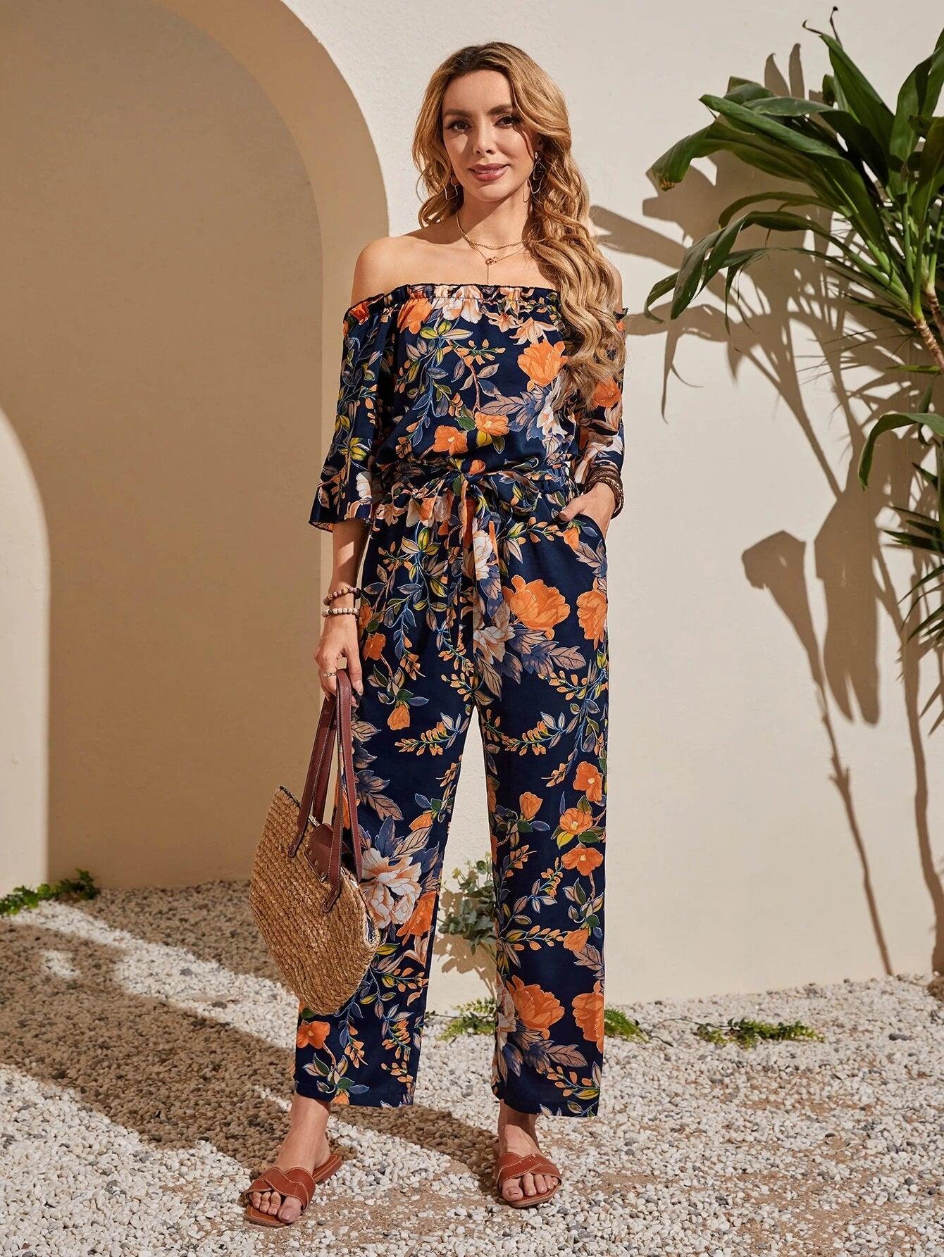 Floral Print Off Shoulder Belted Jumpsuit-Comfy Jumpsuits