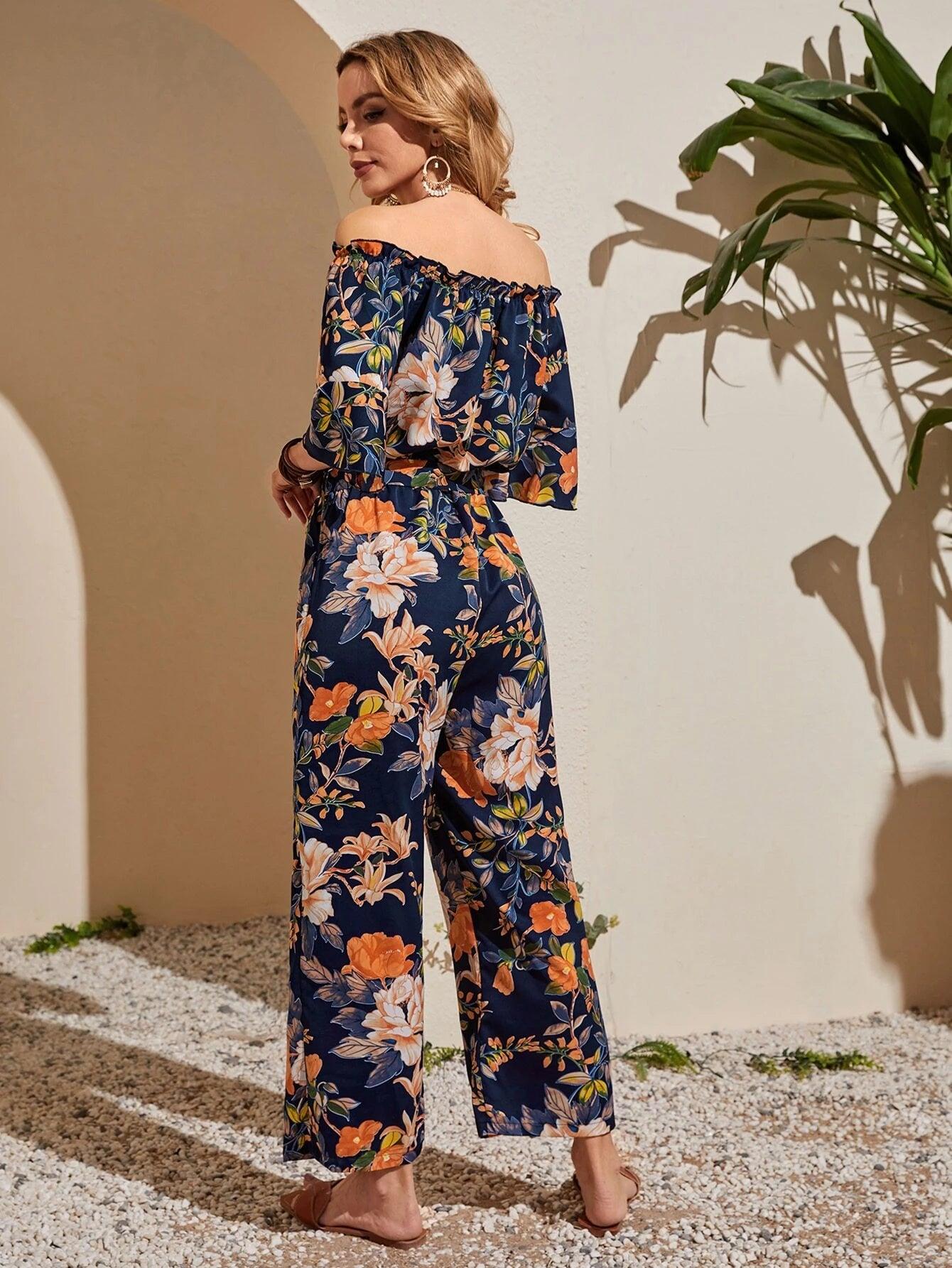 Floral Print Off Shoulder Belted Jumpsuit-Comfy Jumpsuits