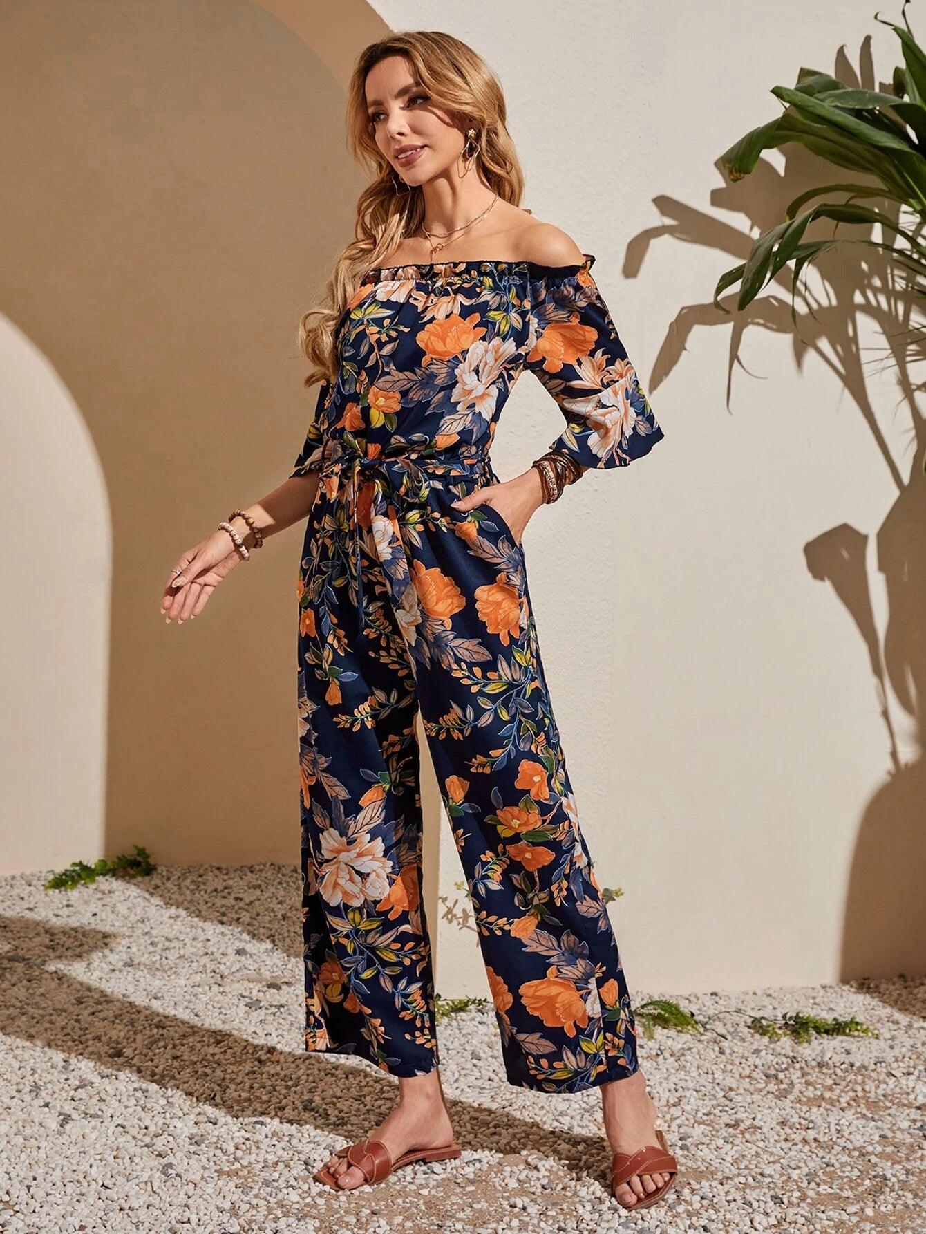 Floral Print Off Shoulder Belted Jumpsuit-Comfy Jumpsuits