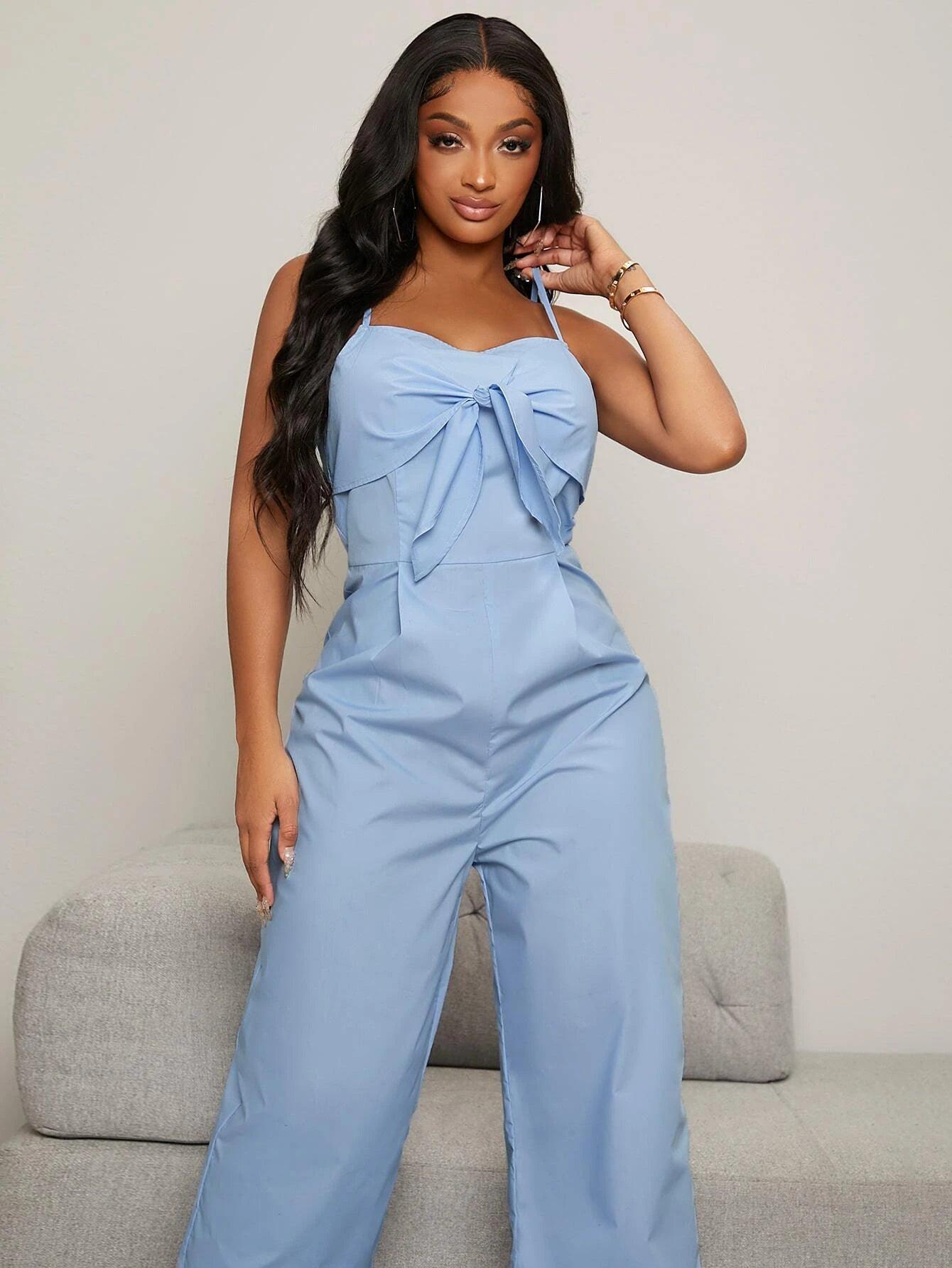 Square Neck Tie Front Cami Jumpsuit-Comfy Jumpsuits
