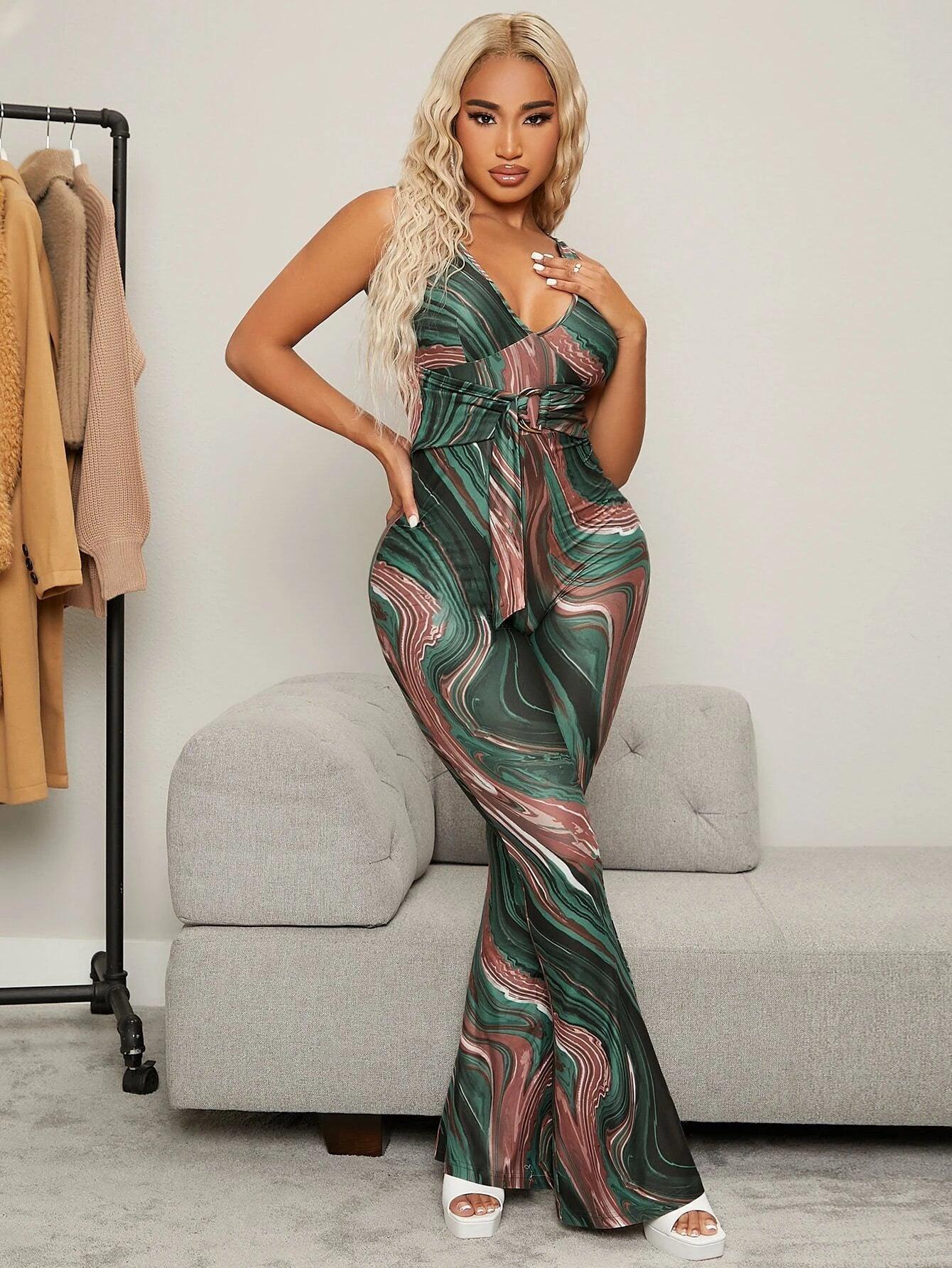 Marble Print Tie Front Flare Leg Jumpsuit-Comfy Jumpsuits