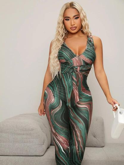 Marble Print Tie Front Flare Leg Jumpsuit-Comfy Jumpsuits
