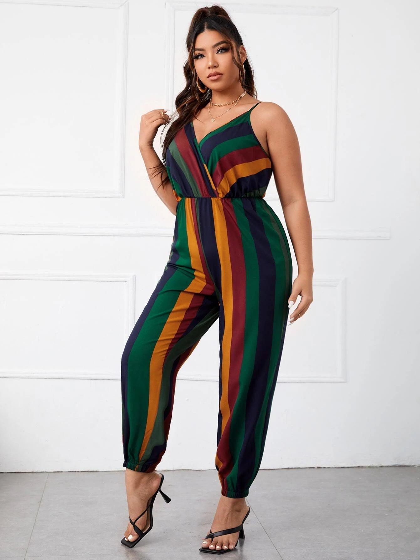 Plus Block Striped Cami Jumpsuit-Comfy Jumpsuits
