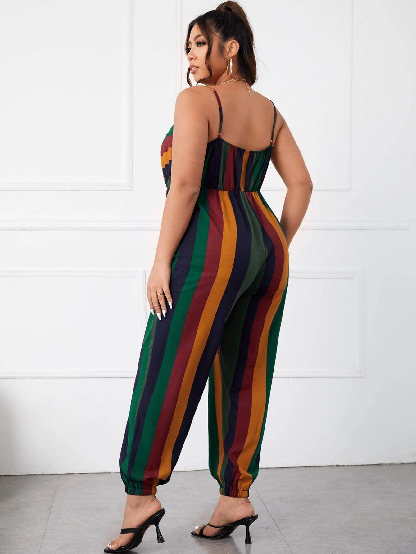 Plus Block Striped Cami Jumpsuit-Comfy Jumpsuits