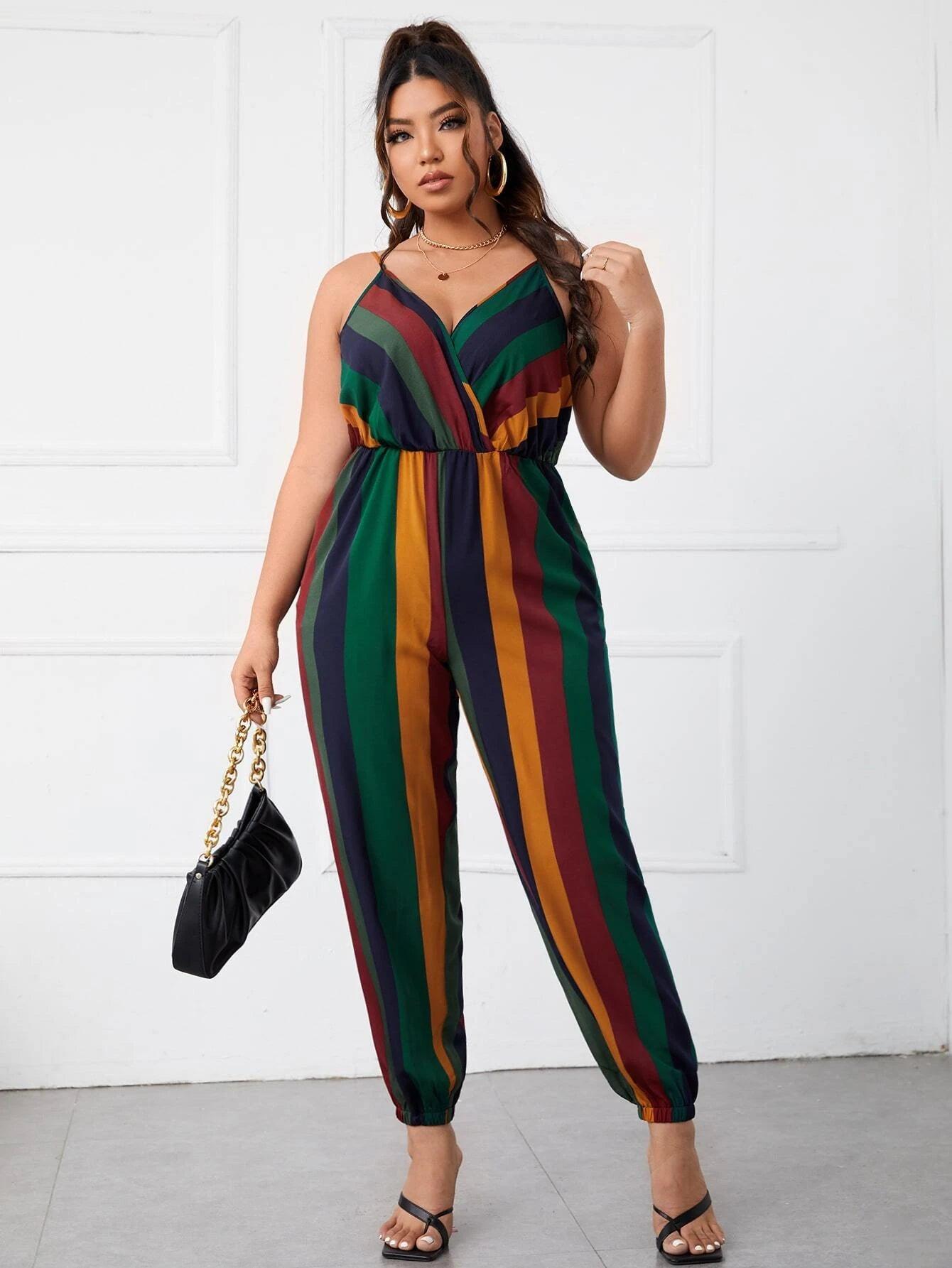 Plus Block Striped Cami Jumpsuit-Comfy Jumpsuits