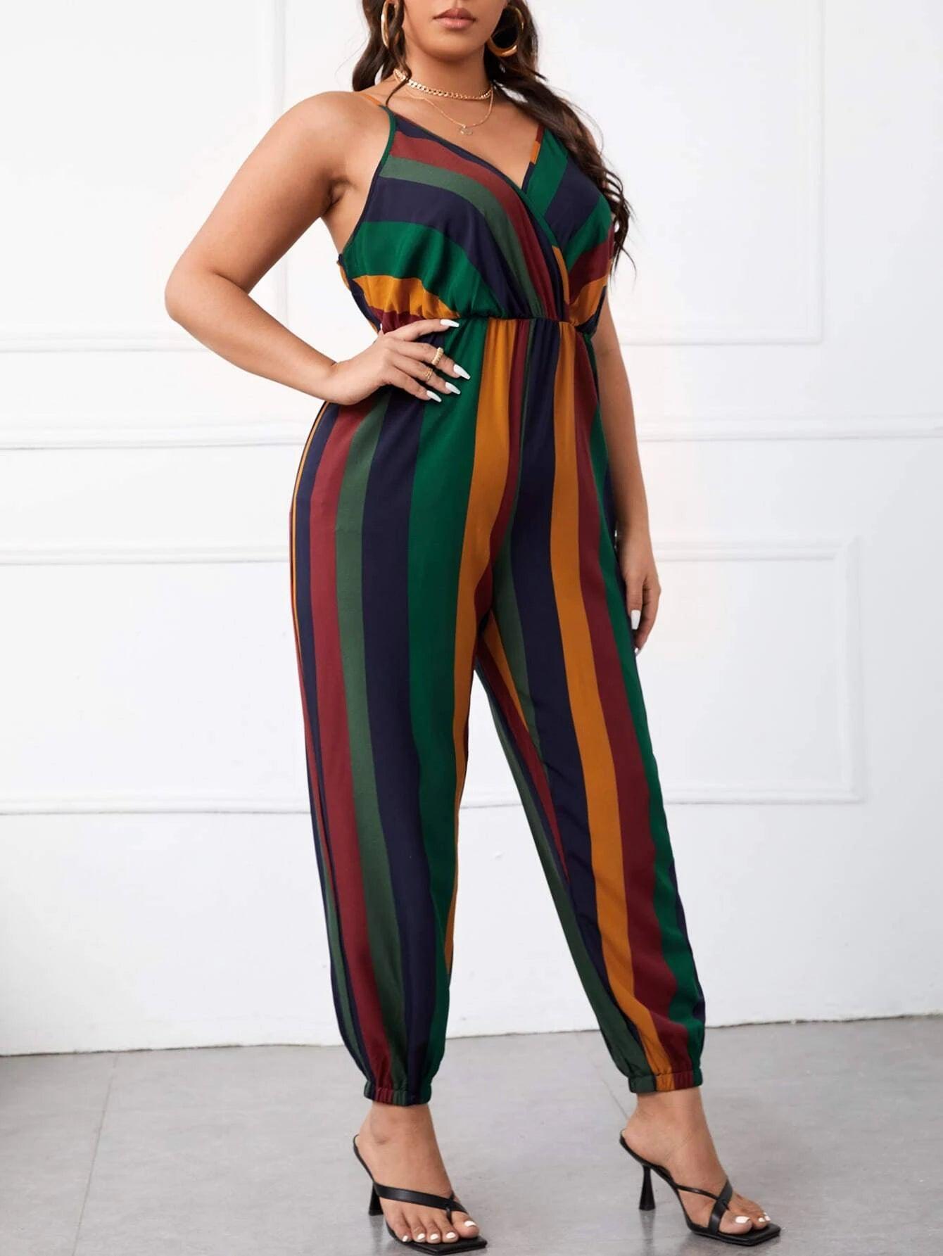 Plus Block Striped Cami Jumpsuit-Comfy Jumpsuits