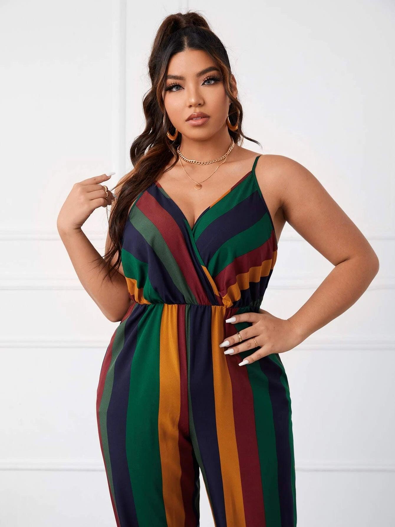 Plus Block Striped Cami Jumpsuit-Comfy Jumpsuits