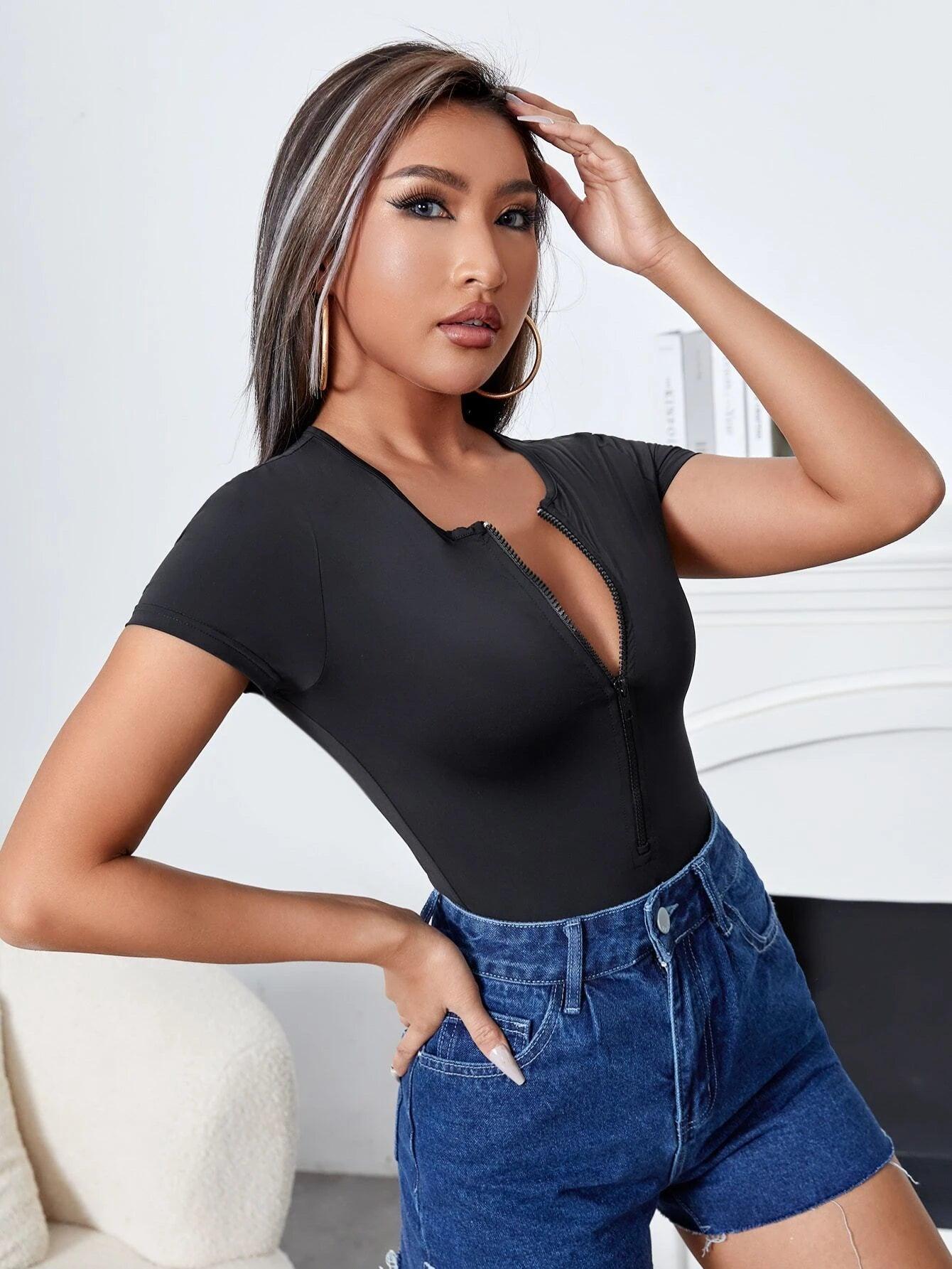 Solid Half Zip Bodysuit-Comfy Jumpsuits