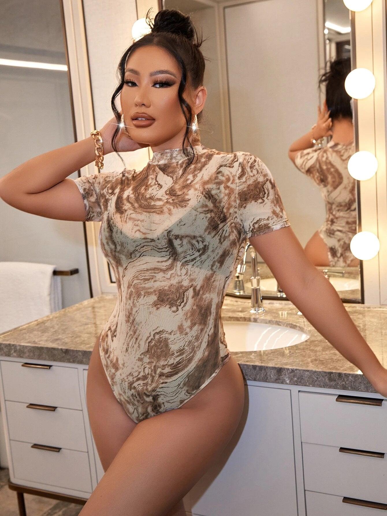 Marble Print Stand Collar Bodysuit-Comfy Jumpsuits