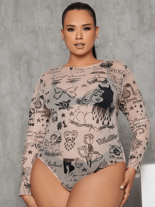 Plus Figure & Letter Graphic Mesh Bodysuit Without Lingerie-Comfy Jumpsuits