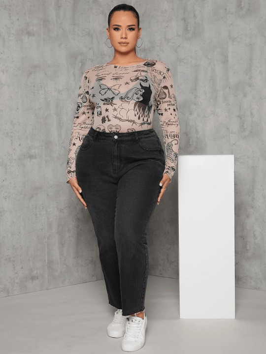 Plus Figure & Letter Graphic Mesh Bodysuit Without Lingerie-Comfy Jumpsuits