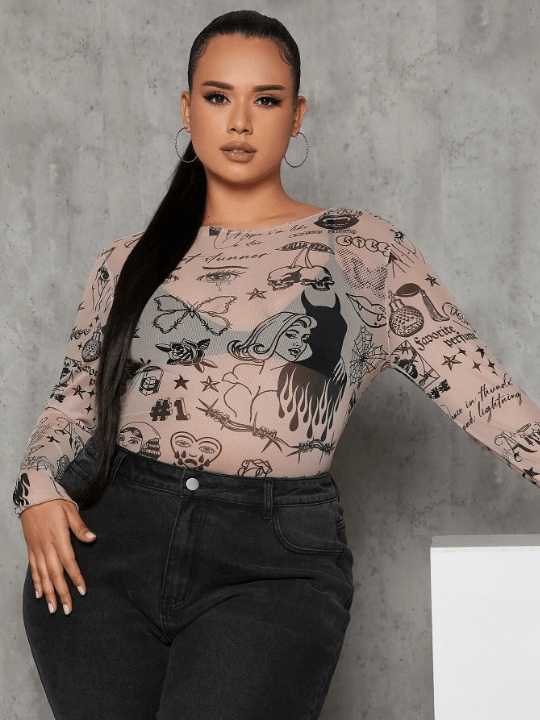 Plus Figure & Letter Graphic Mesh Bodysuit Without Lingerie-Comfy Jumpsuits