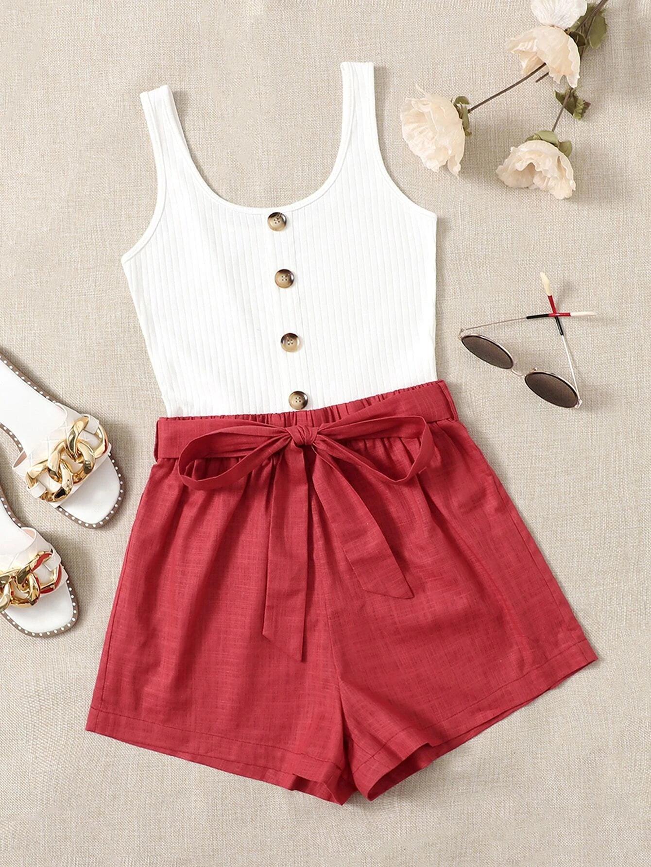 Button Front Belted Combo Tank Romper-Comfy Jumpsuits