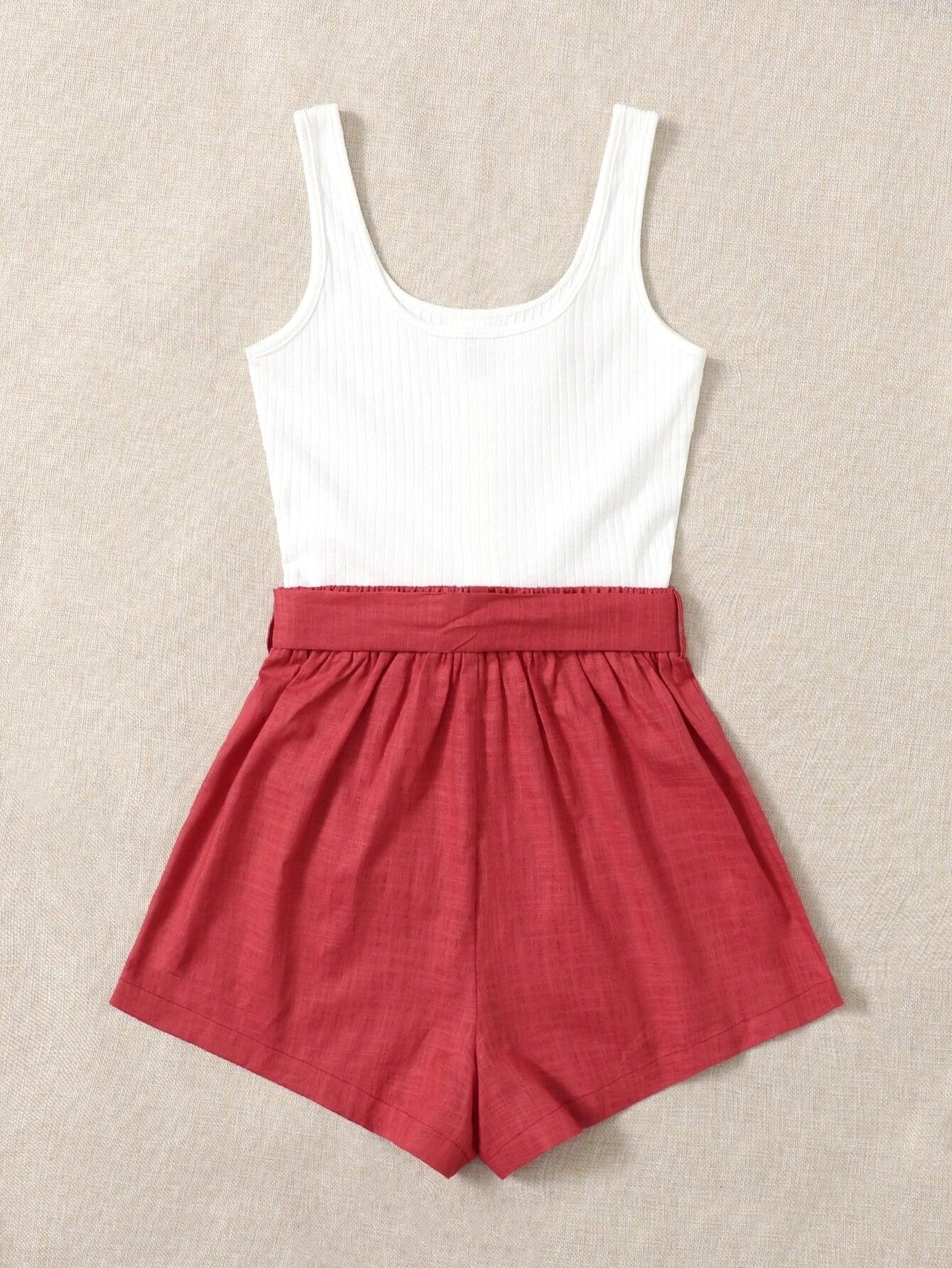 Button Front Belted Combo Tank Romper-Comfy Jumpsuits