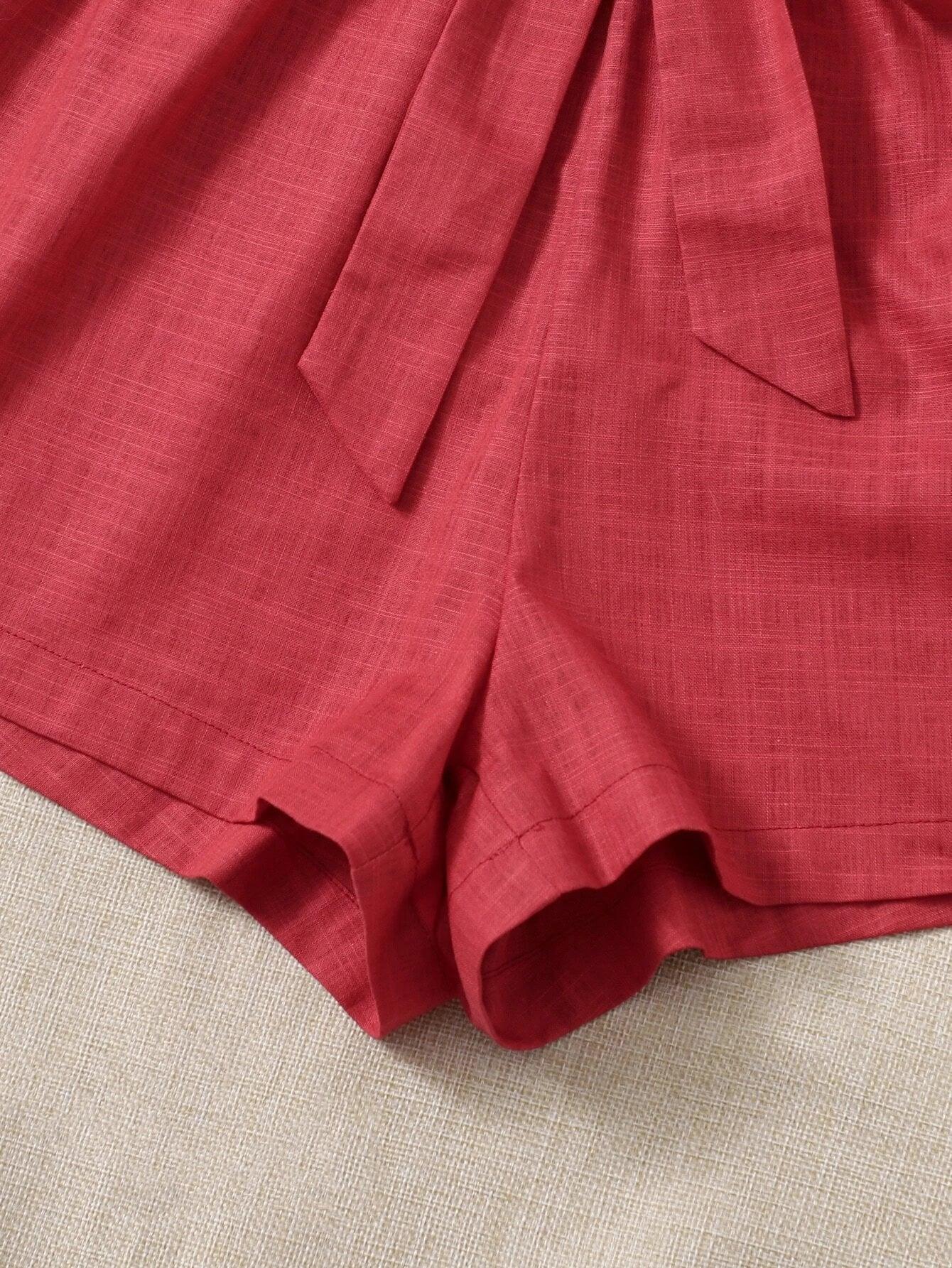 Button Front Belted Combo Tank Romper-Comfy Jumpsuits