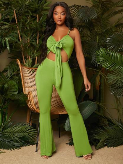 Solid Coloured Knot Front Cami Jumpsuit-Comfy Jumpsuits