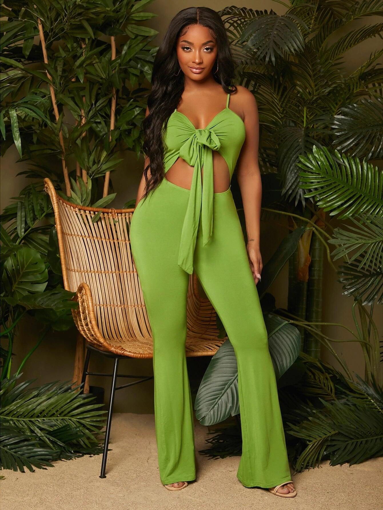 Solid Coloured Knot Front Cami Jumpsuit-Comfy Jumpsuits