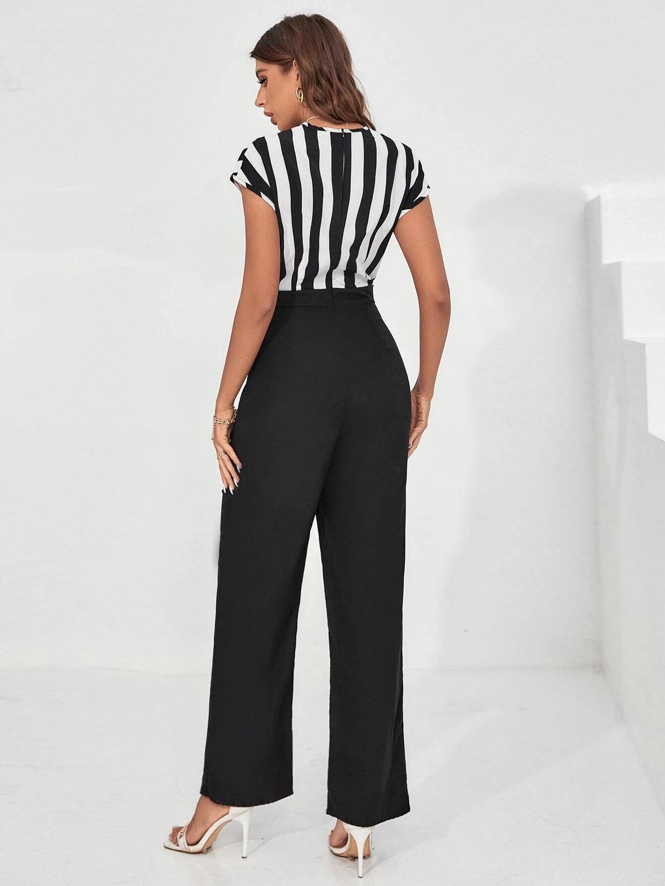 2 In 1 Striped V Neck Jumpsuit-Comfy Jumpsuits