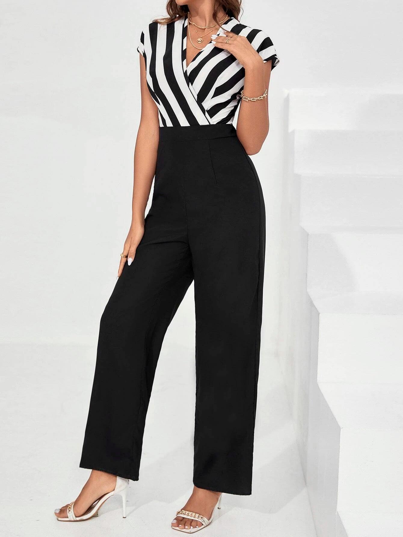 2 In 1 Striped V Neck Jumpsuit-Comfy Jumpsuits