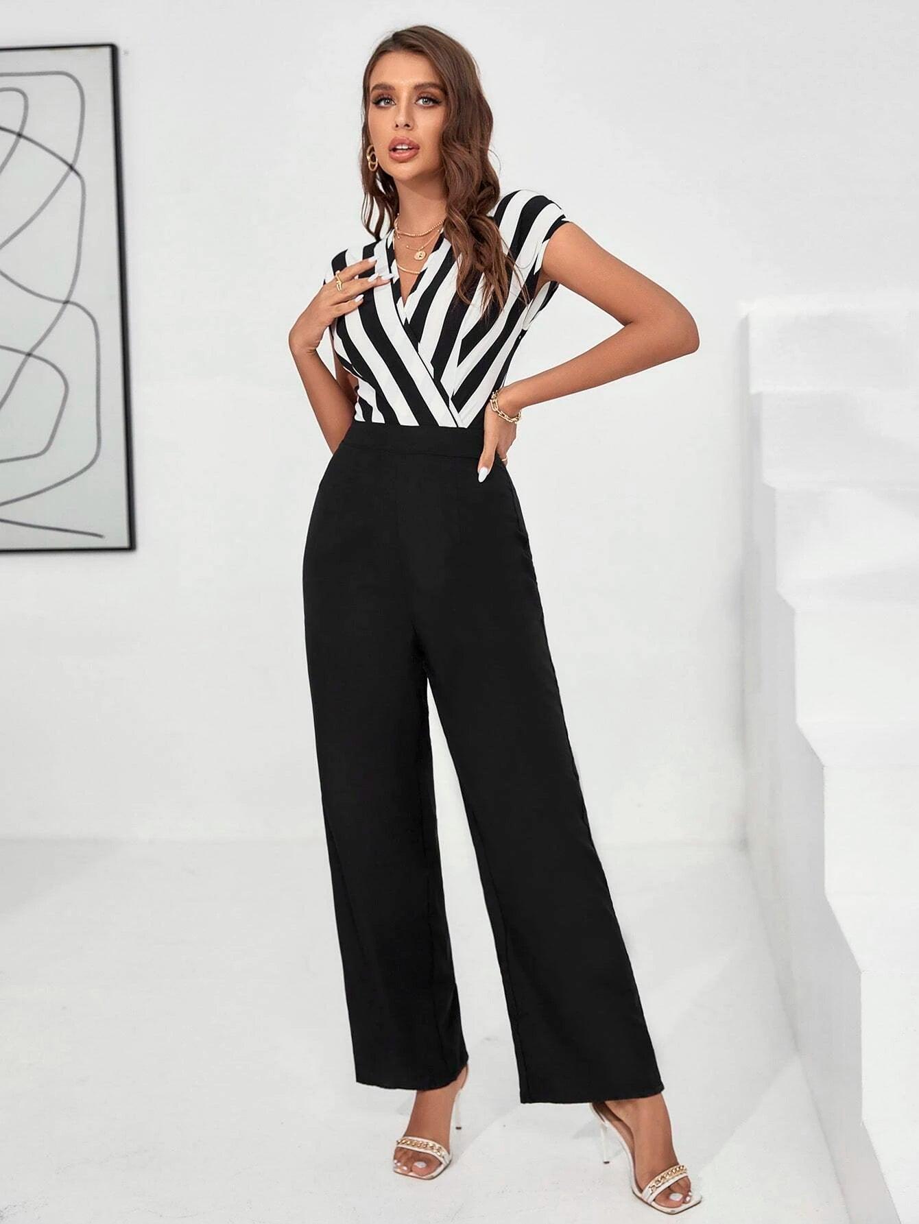 2 In 1 Striped V Neck Jumpsuit-Comfy Jumpsuits