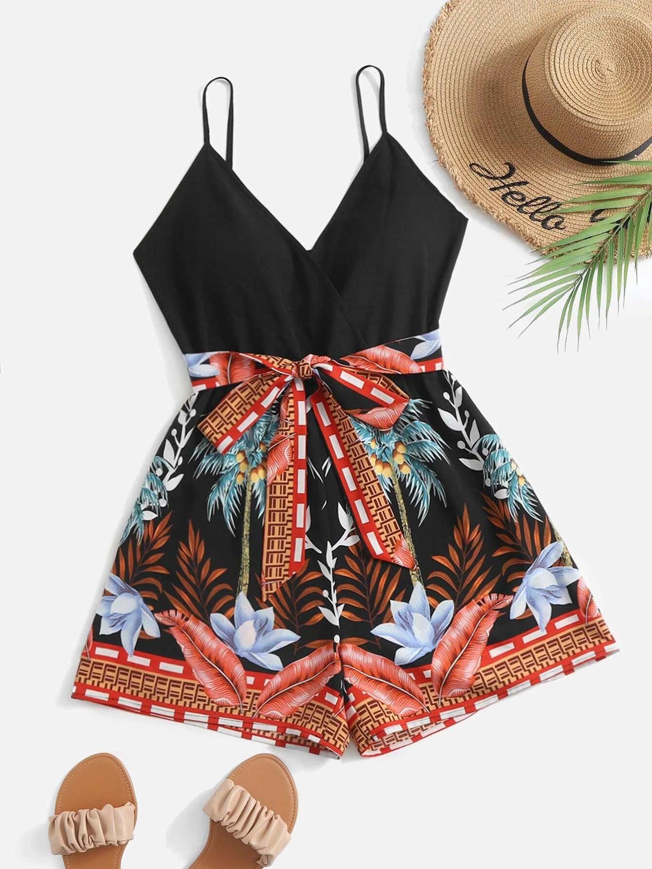 Tropical Print Belted Cami Romper-Comfy Jumpsuits