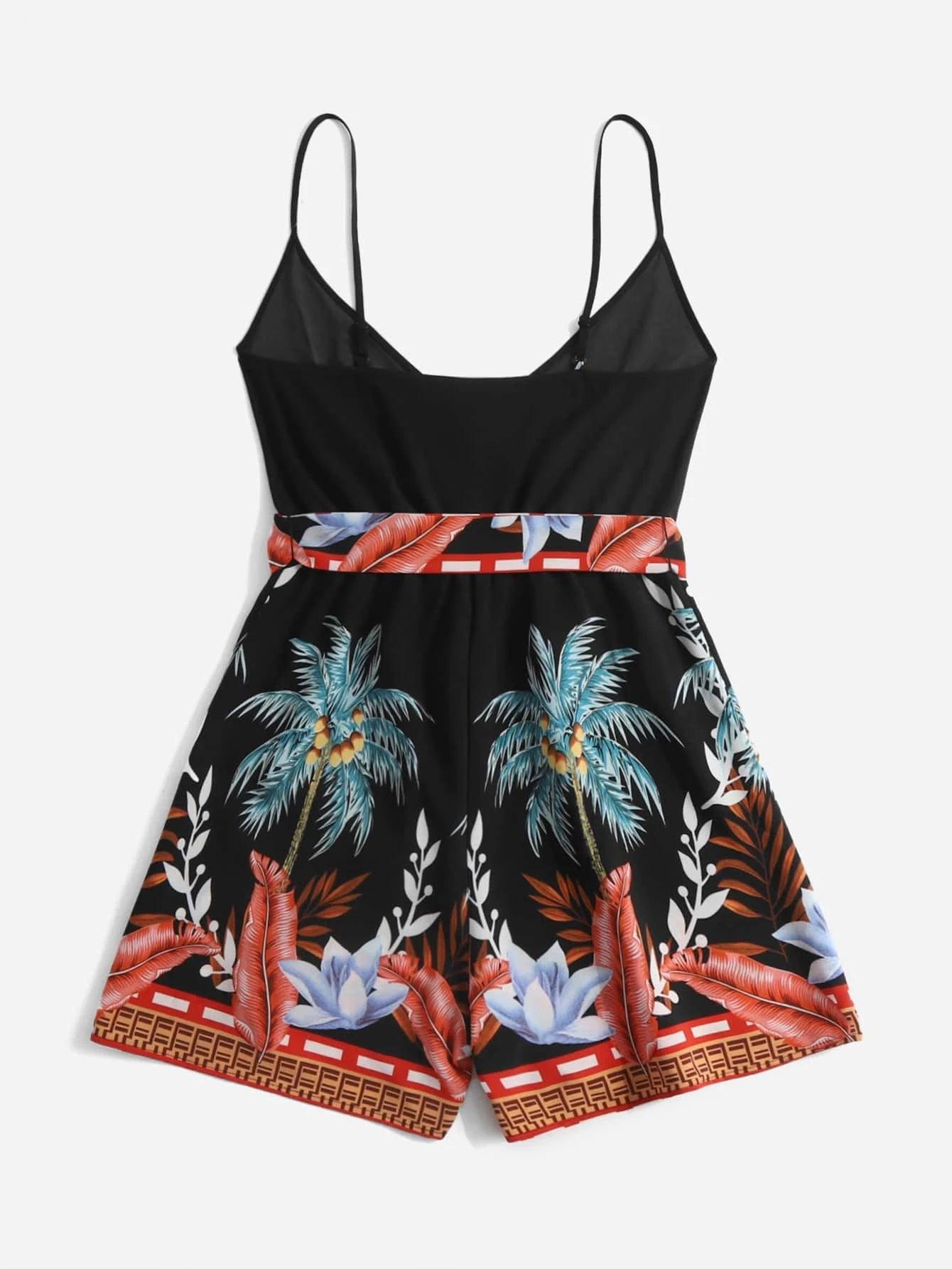 Tropical Print Belted Cami Romper-Comfy Jumpsuits