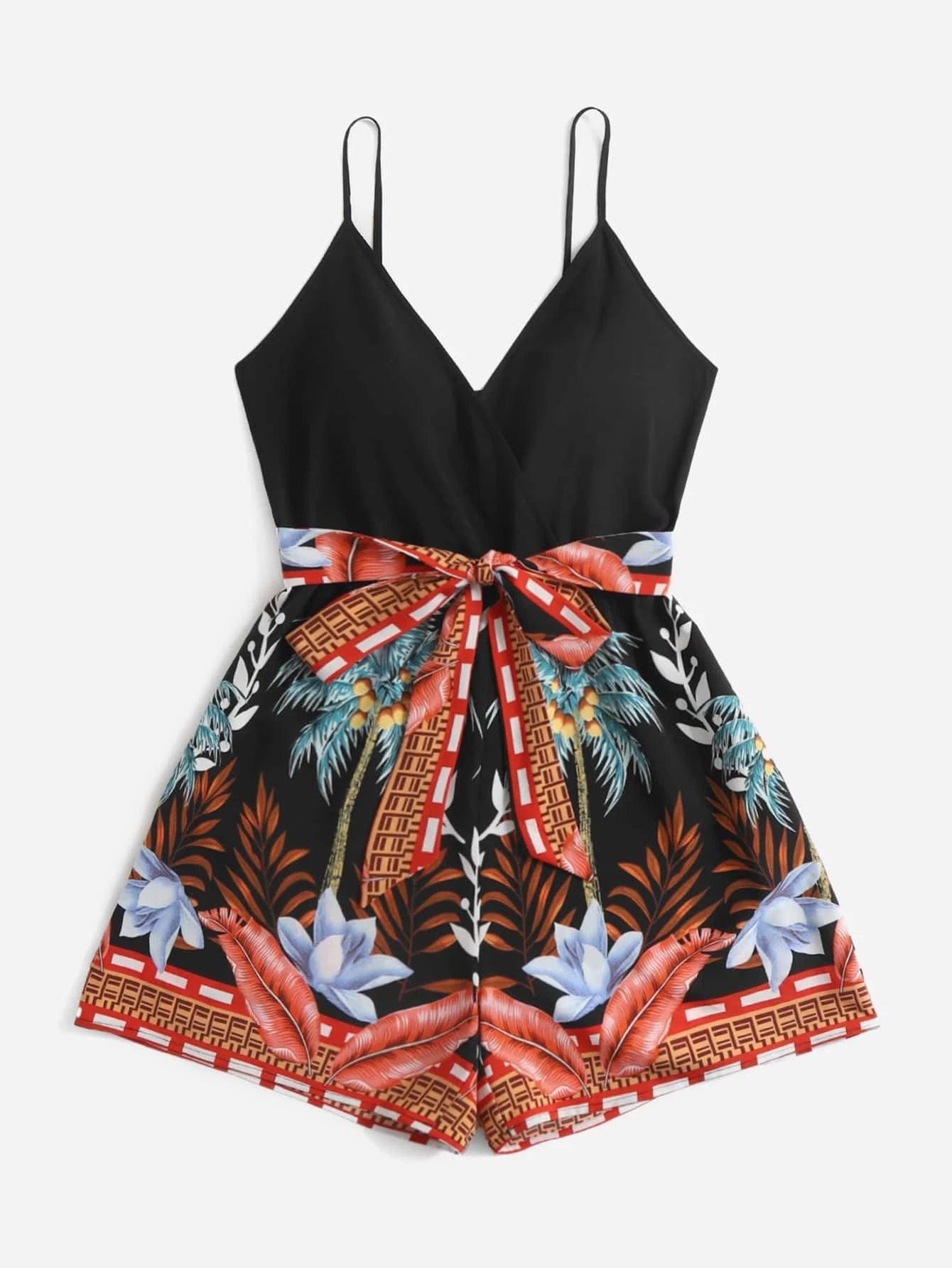 Tropical Print Belted Cami Romper-Comfy Jumpsuits