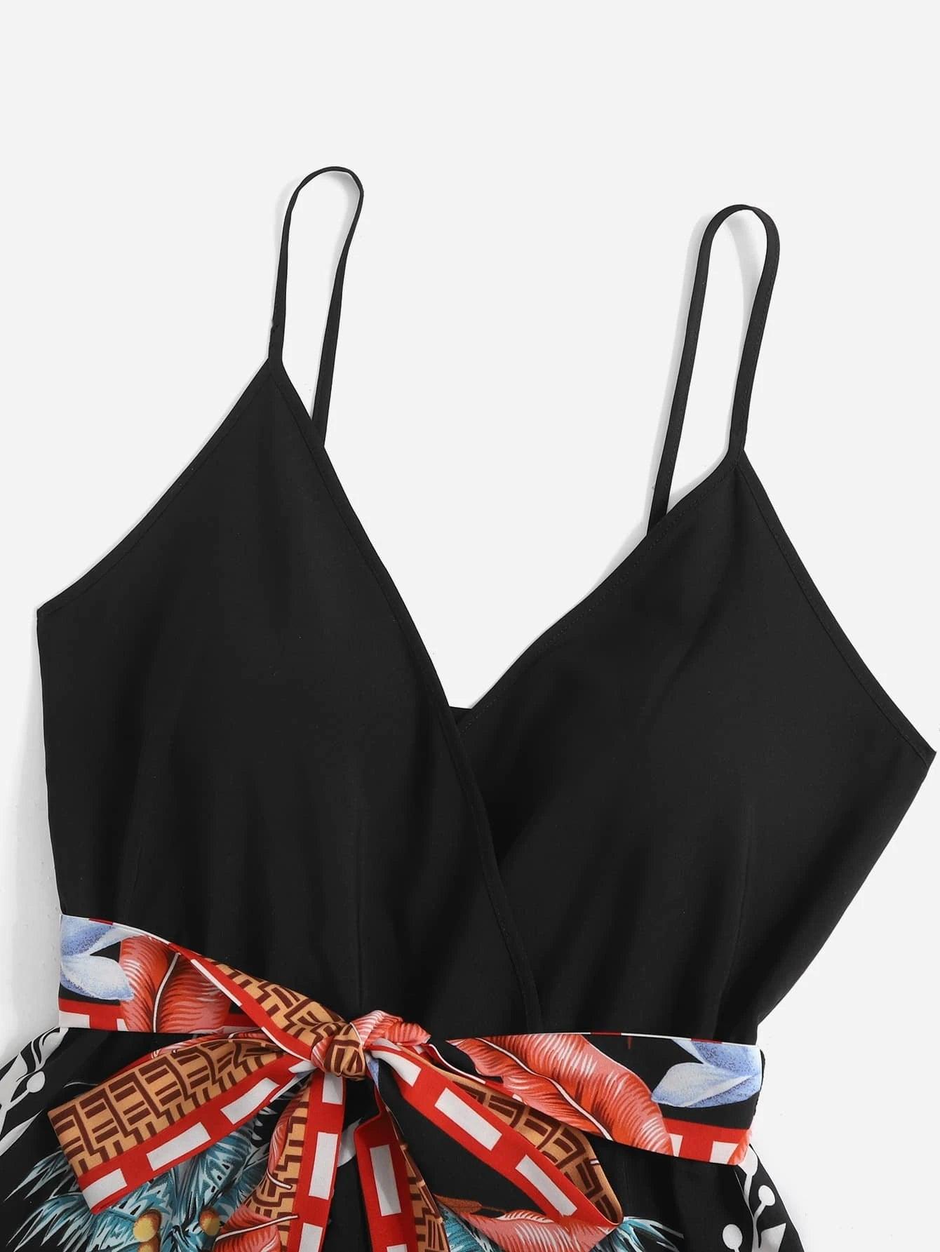 Tropical Print Belted Cami Romper-Comfy Jumpsuits