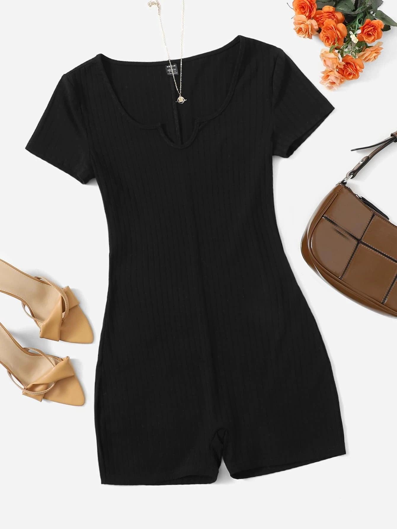 Notched Neck Rib Knit Romper-Comfy Jumpsuits