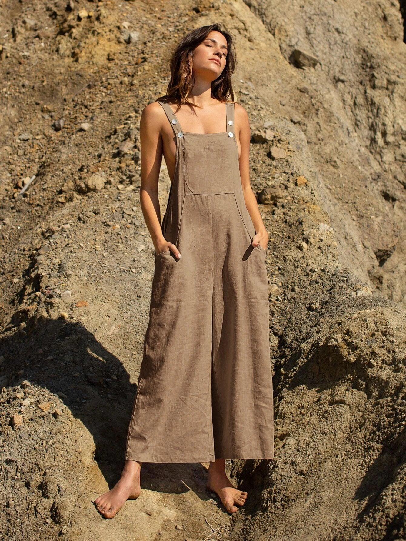 Linen Pocket Front Overalls-Comfy Jumpsuits