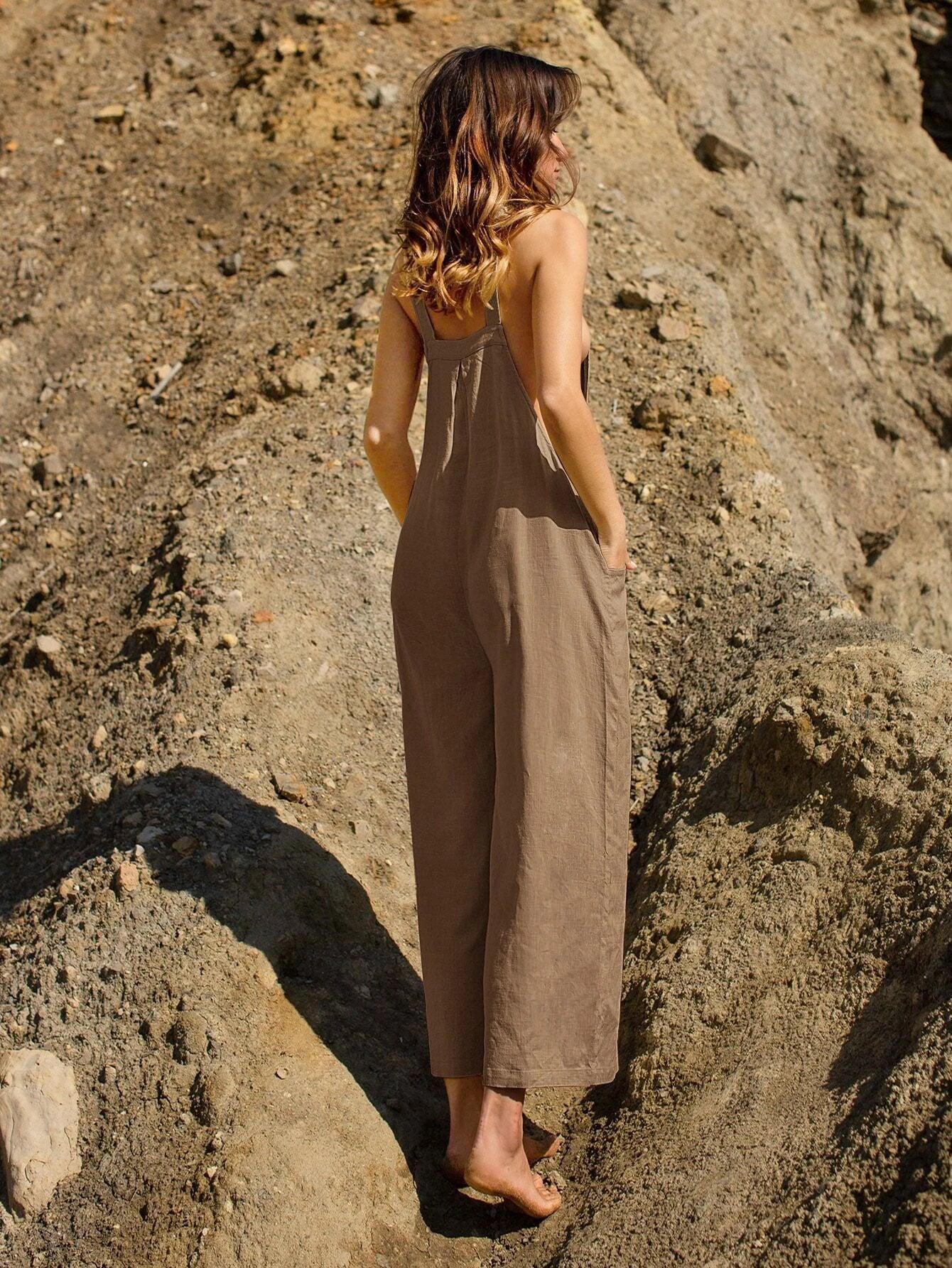 Linen Pocket Front Overalls-Comfy Jumpsuits