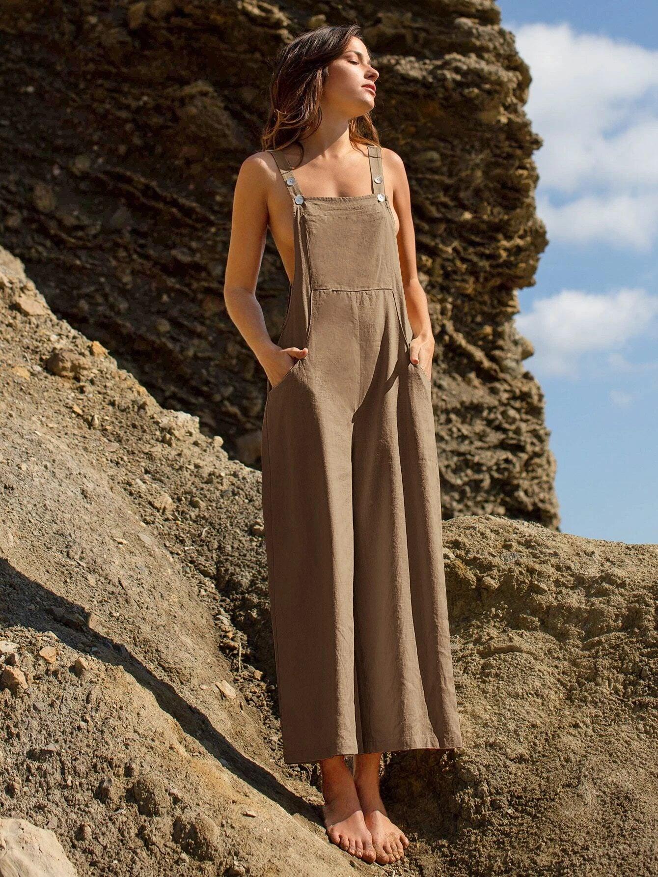 Linen Pocket Front Overalls-Comfy Jumpsuits