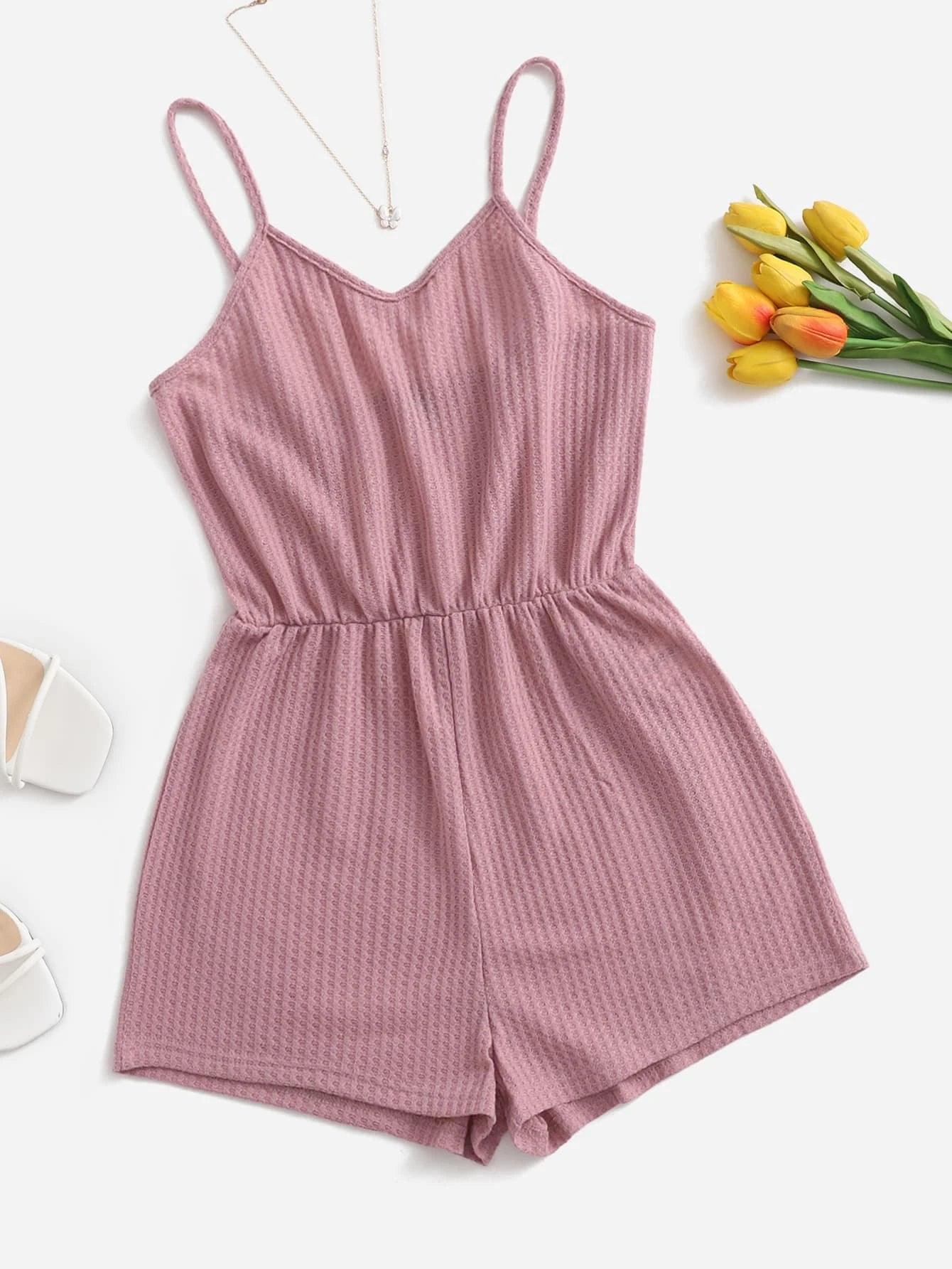 Casual Waffle Knit Cami Romper-Comfy Jumpsuits