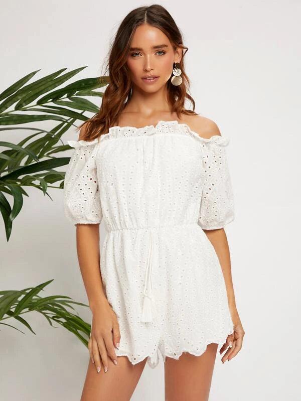 Off Shoulder Ruffle Trim Tie Front Schiffy Romper-Comfy Jumpsuits