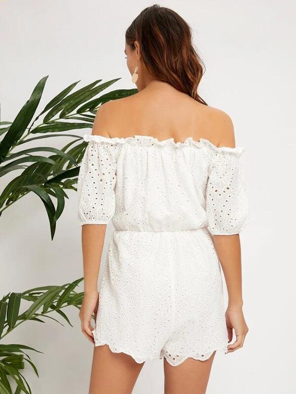 Off Shoulder Ruffle Trim Tie Front Schiffy Romper-Comfy Jumpsuits