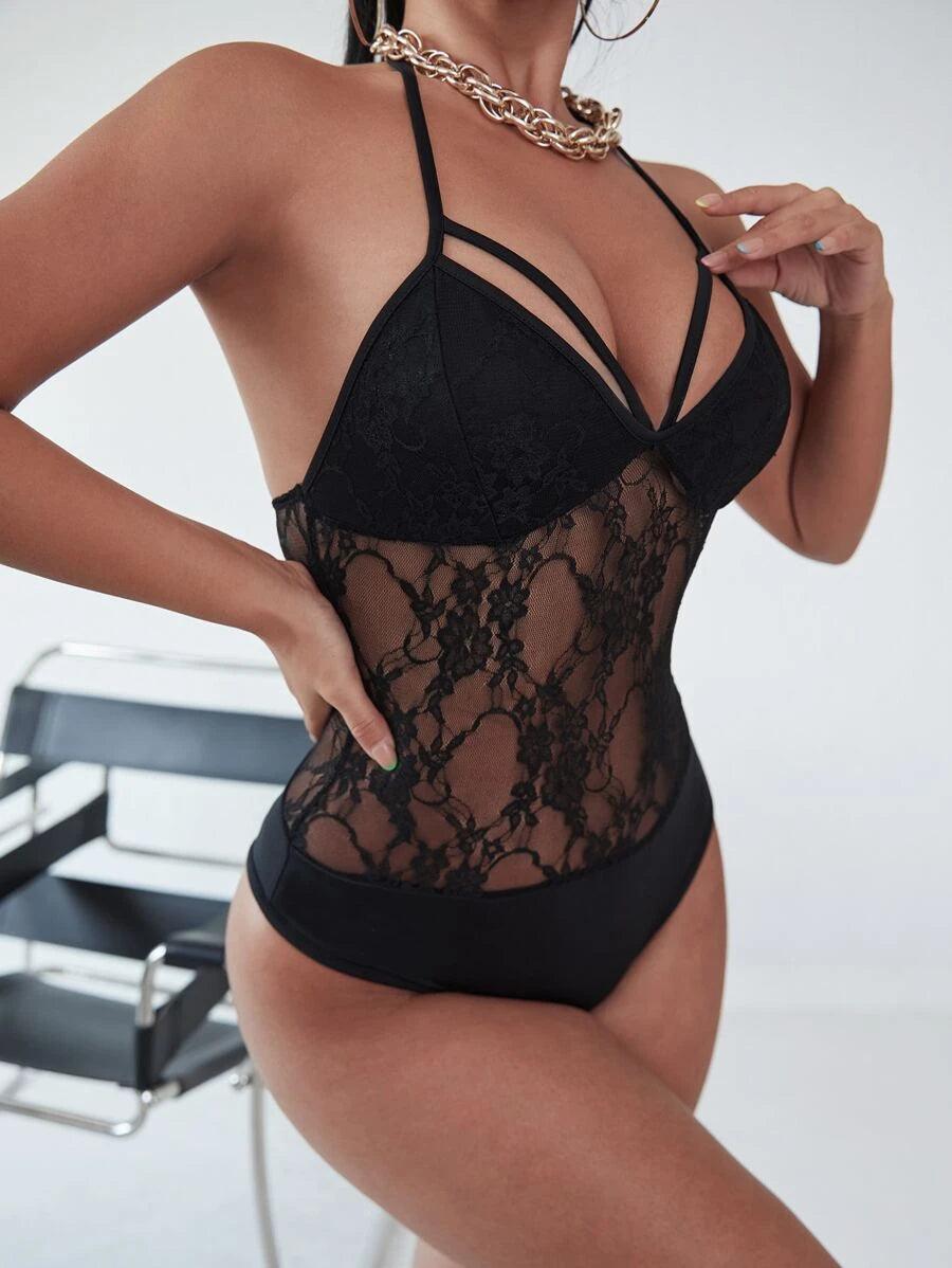 Contrast Floral Mesh Tie Back Bodycon Bodysuit-Comfy Jumpsuits