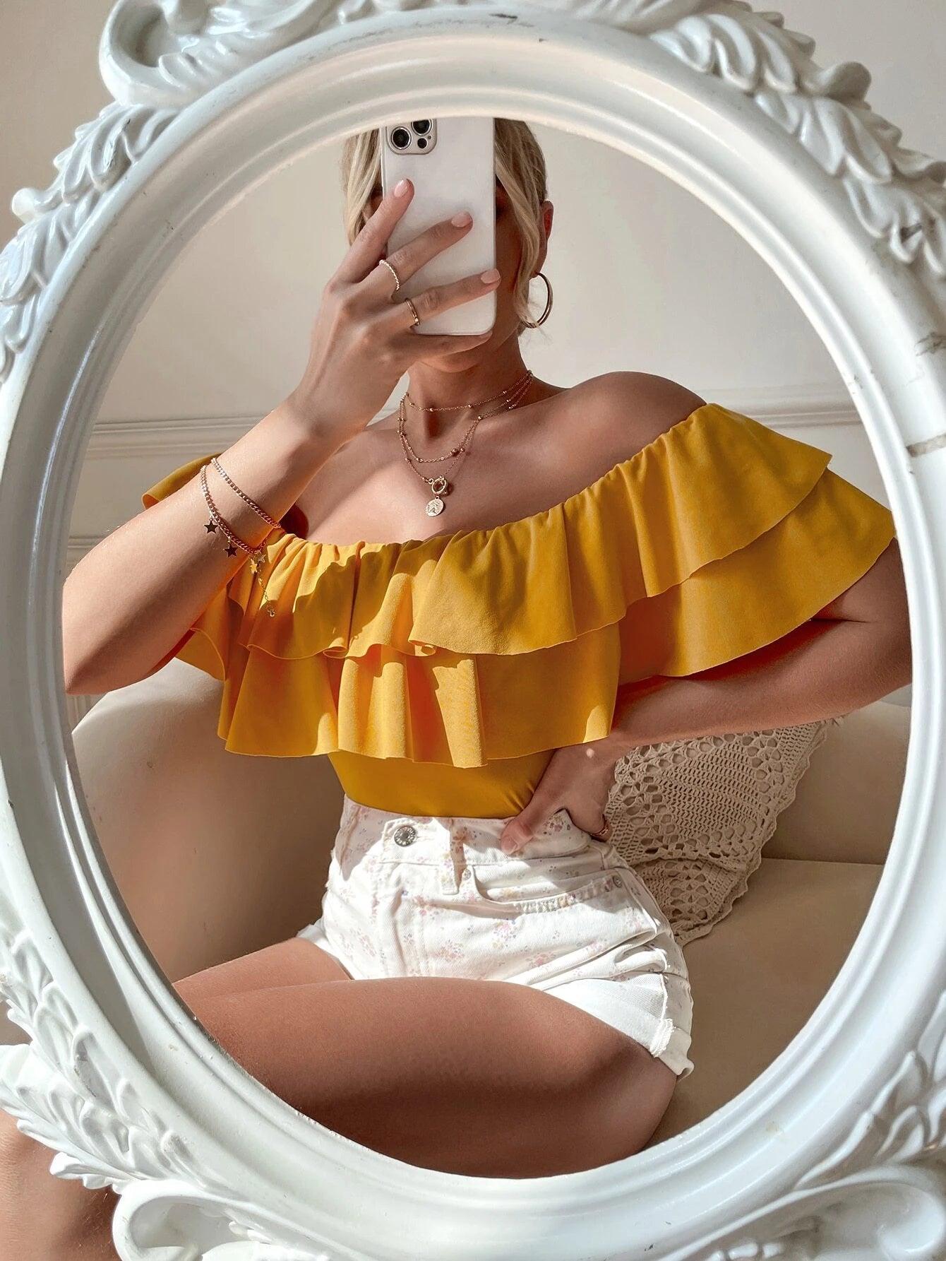 Casual Off Shoulder Layered Bodysuit-Comfy Jumpsuits