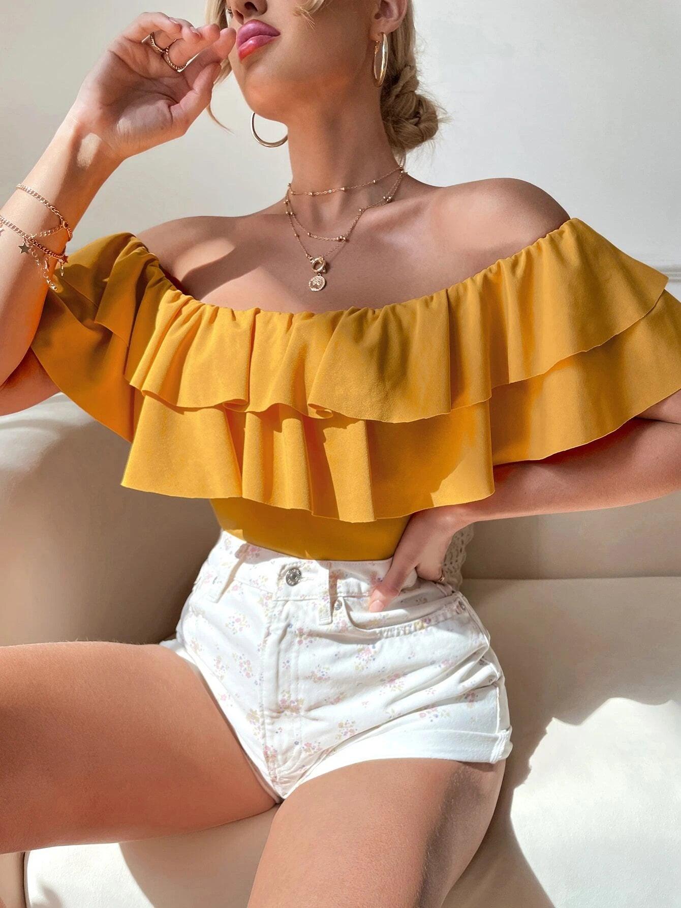 Casual Off Shoulder Layered Bodysuit-Comfy Jumpsuits