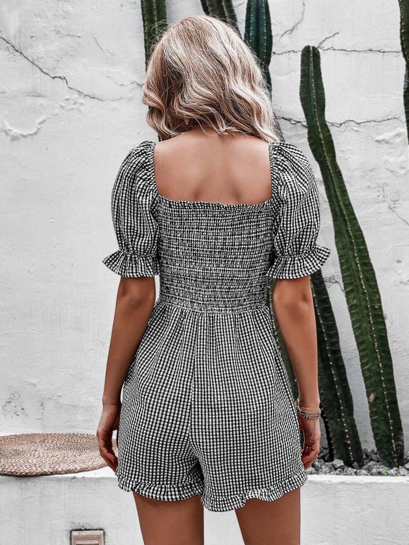 Printed Gingham Short Sleeve Romper-Comfy Jumpsuits