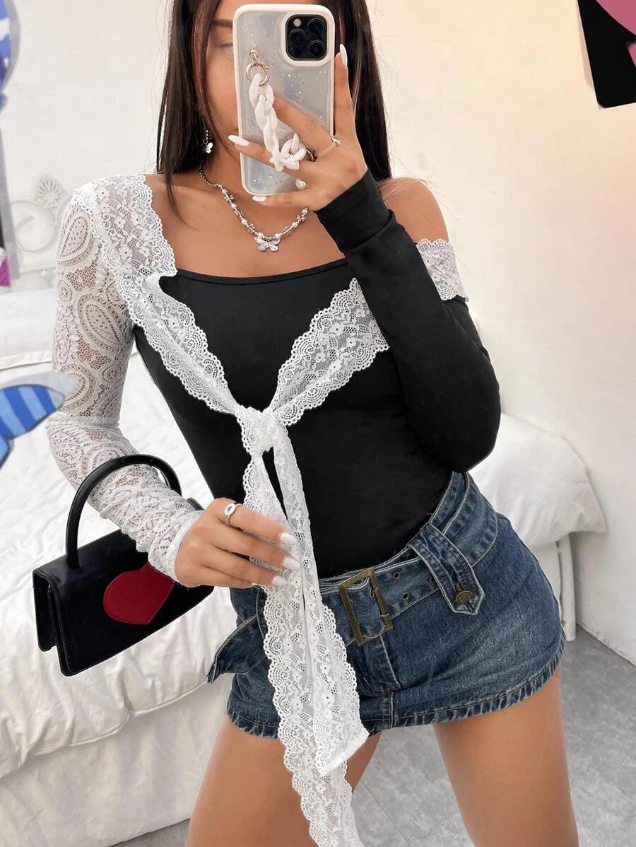 Contrast Lace Tie Front Bodysuit-Comfy Jumpsuits