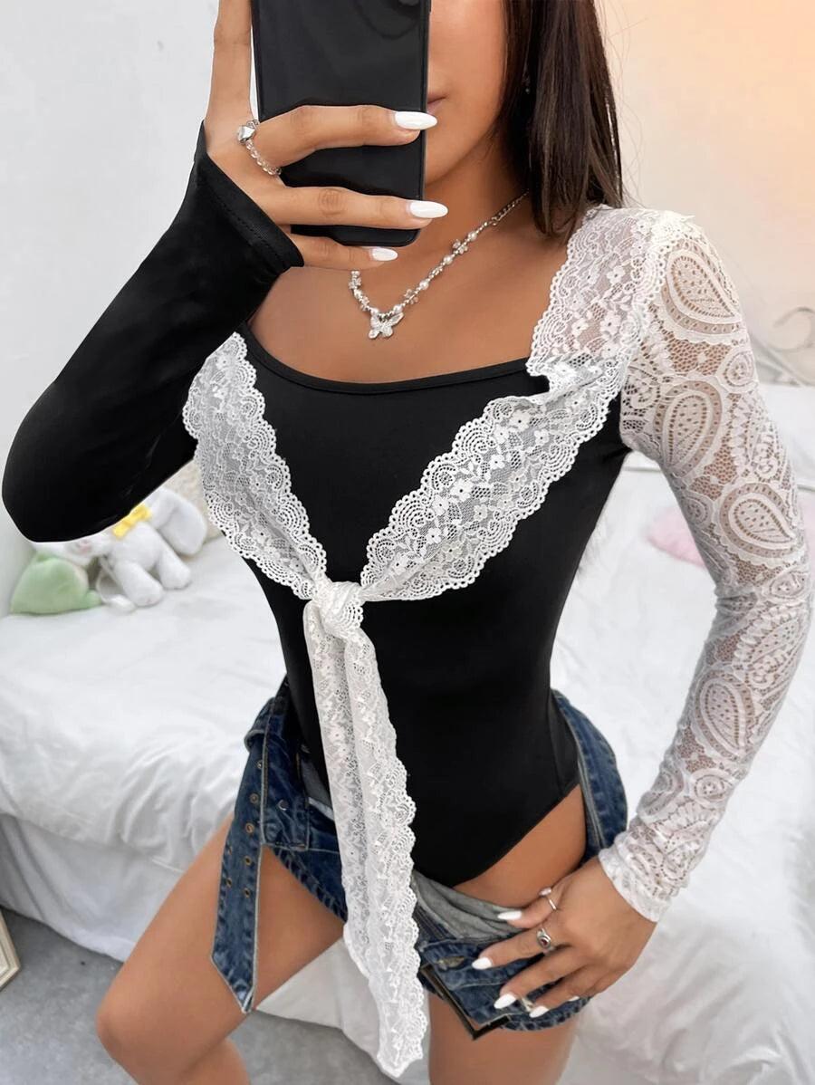 Contrast Lace Tie Front Bodysuit-Comfy Jumpsuits