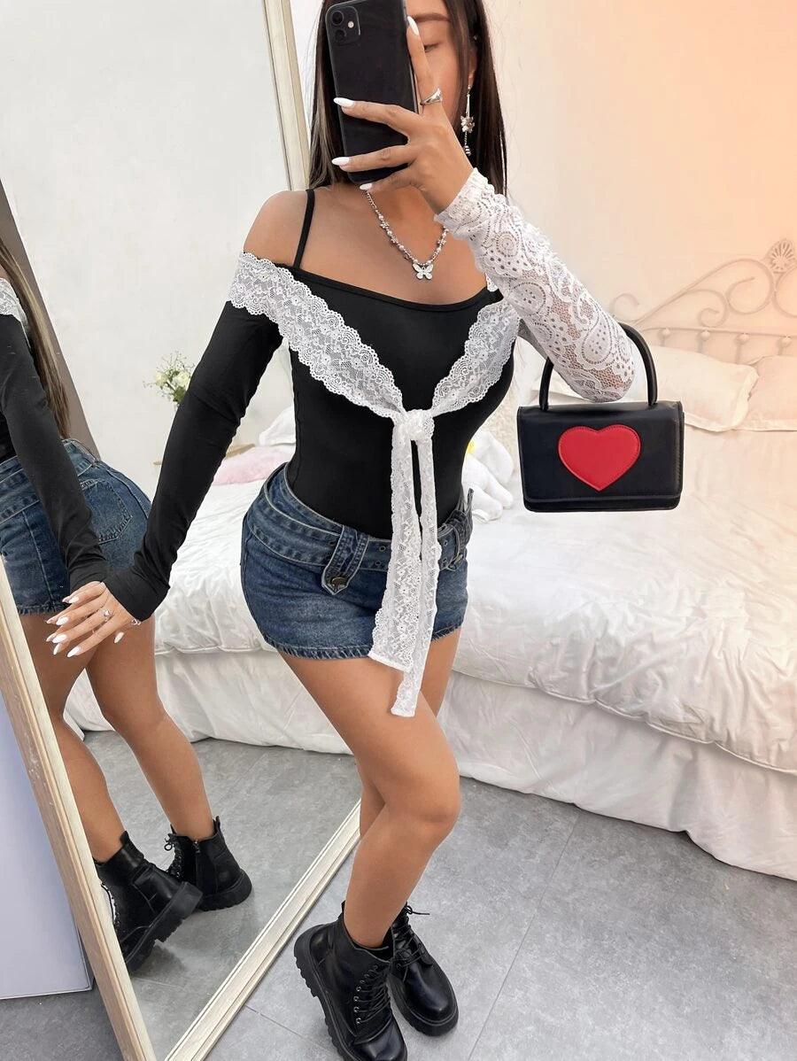 Contrast Lace Tie Front Bodysuit-Comfy Jumpsuits
