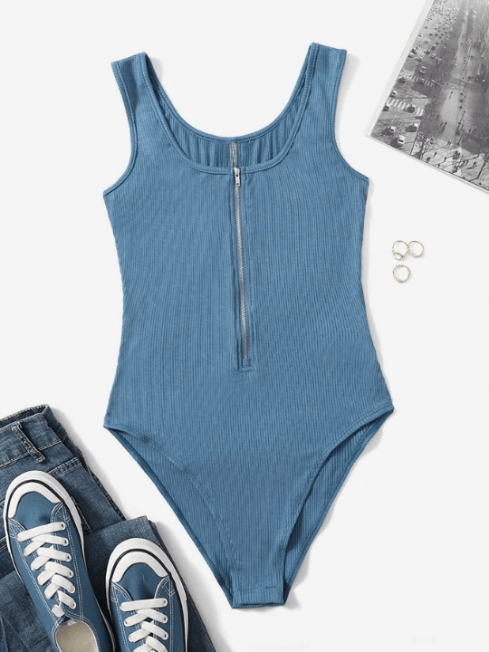 Zipper Front Rib-knit Tank Bodysuit-Comfy Jumpsuits